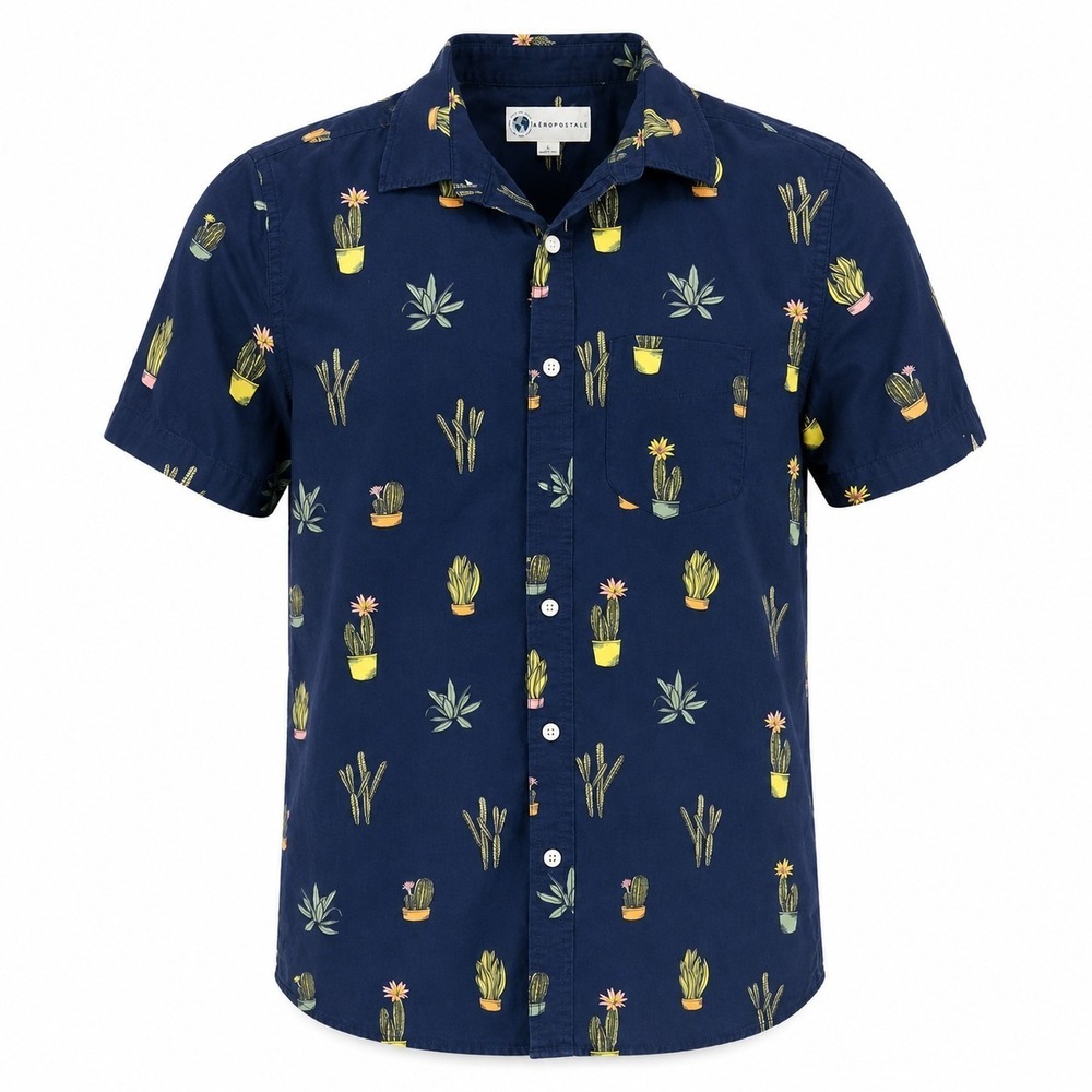 Aeropostale Mens Medium M Cactus Print Button Up Shirt Navy Blue Short Sleeve